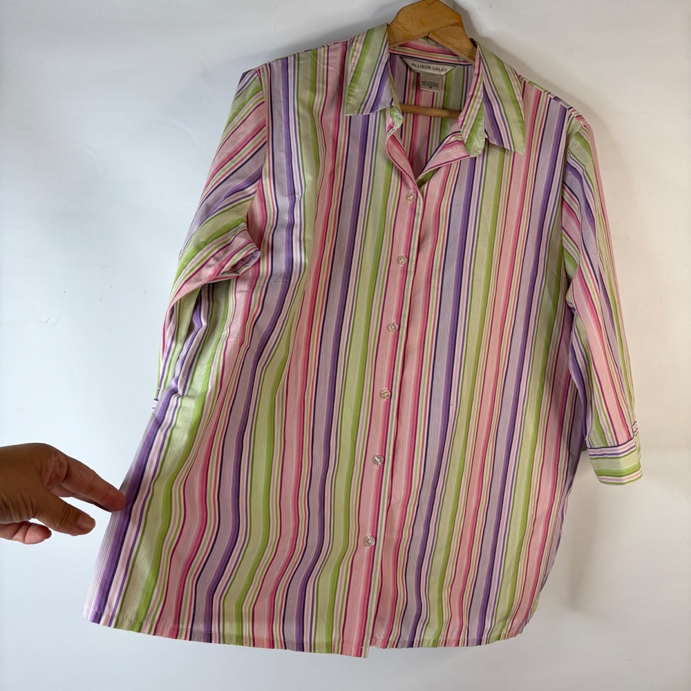Allison Daley Button Down Shirt Women 18 Pink Purple Green Striped 3/4 Sleeve - Picture 4 of 8